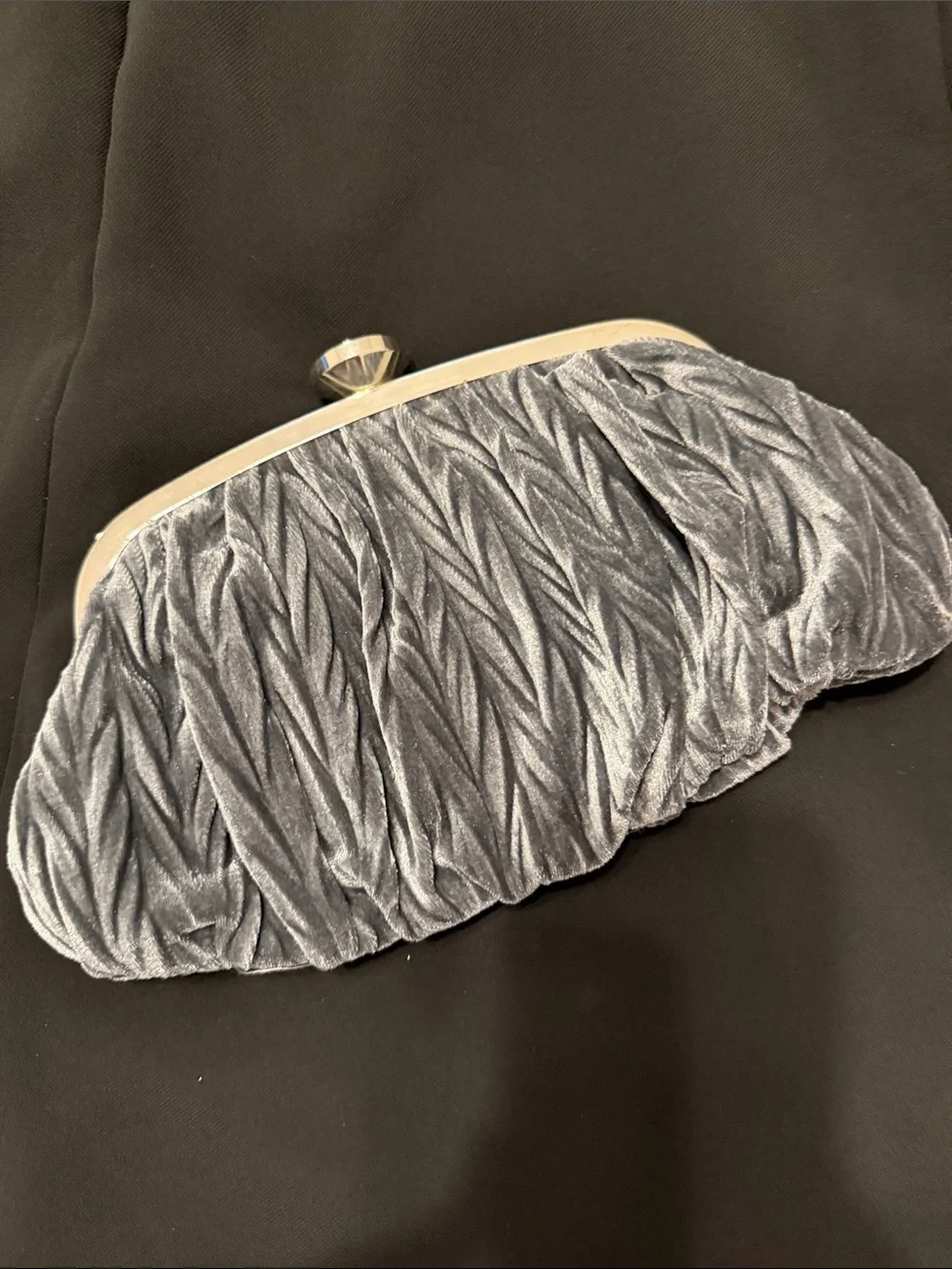 Nina Charcoal Velvet Ruched Evening Clutch with Silver Chain